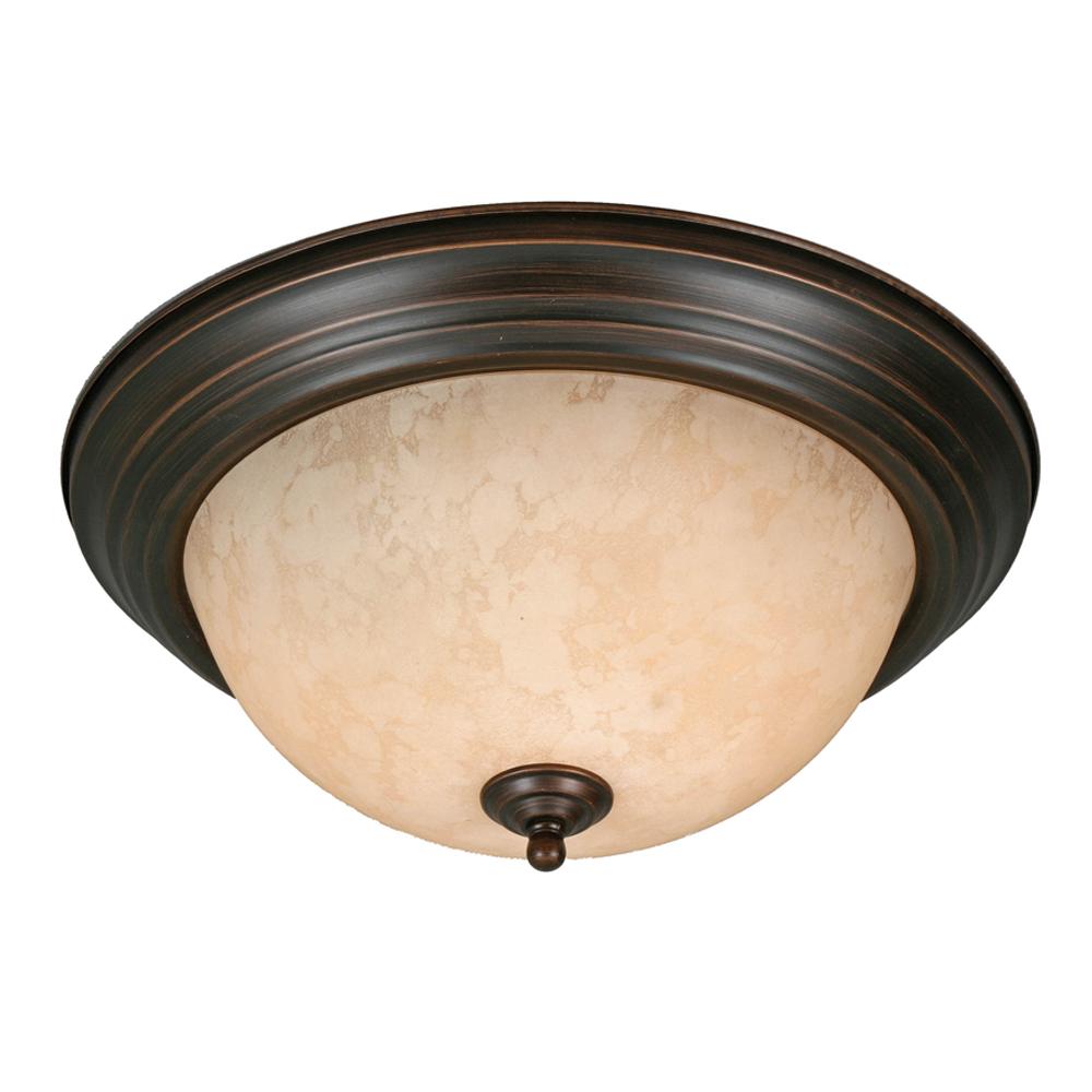 Two Light Rubbed Bronze Tea Stone Glass Bowl Flush Mount